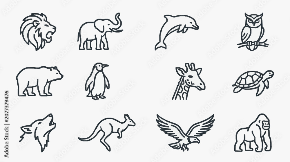 Fototapeta premium Corporate Minimalist Black and White Line Art Animal Icons Set 12 Unique Wildlife Illustrations for Presentations Logos and Branding