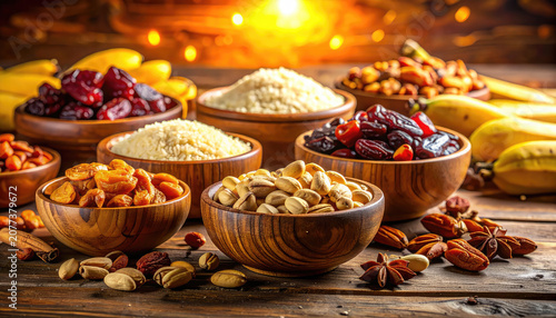 Assorted dried fruits and nuts in wooden bowls on rustic table