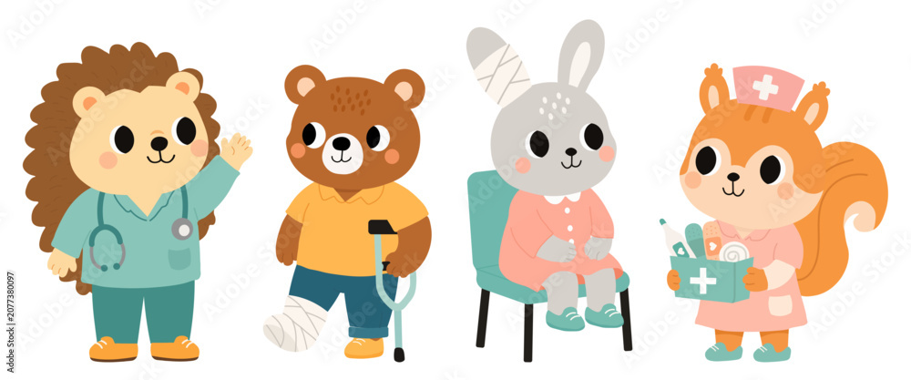 Obraz premium Cute animal doctors set. Animal hospital staff with hedgehog doctor and squirrel nurse treating injured bear, rabbit patients for pediatric medical clinic poster and educational healthcare graphics