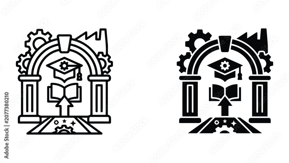 Fototapeta premium Graduation cap and open book under archway with industrial gear elements icon set in outline and solid style for vocational training institutions and industrial education centers branding