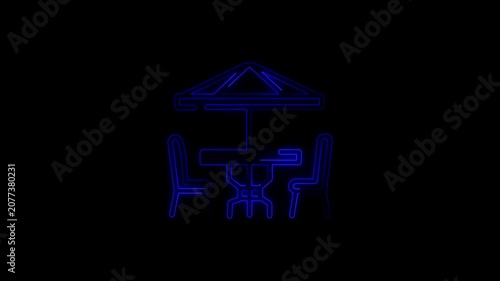 Glowing Blue Neon Cafe Table and Chairs under Umbrella Line Art Animation on Black Background