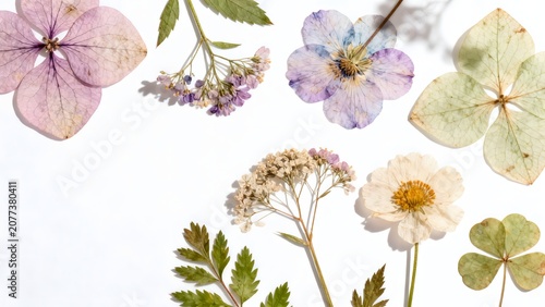 Dried flowers and leaves on white background
