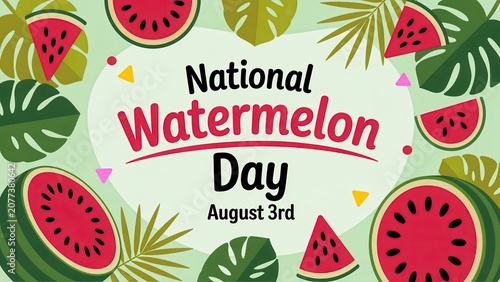 National Watermelon Day August 3rd vector illustration with fruit and tropical leaf decoration on light green background