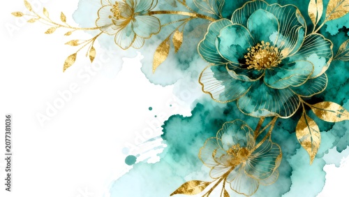 Watercolor floral design with gold accents