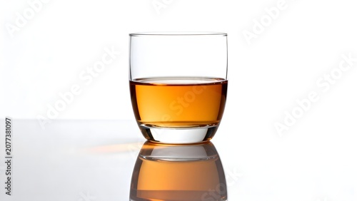 Glass of amber liquid on reflective surface