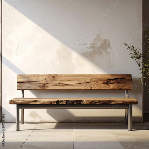 Minimalist Wooden Bench Against Weathered Wall with Plant