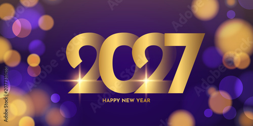 2027 Happy New Year Banner. Gold colored numbers. New Year 2027 bright holiday background. Bokeh lights. Vector illustration.