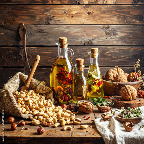 Homemade Nut Oil with Walnuts and Spices on Rustic Wooden Table