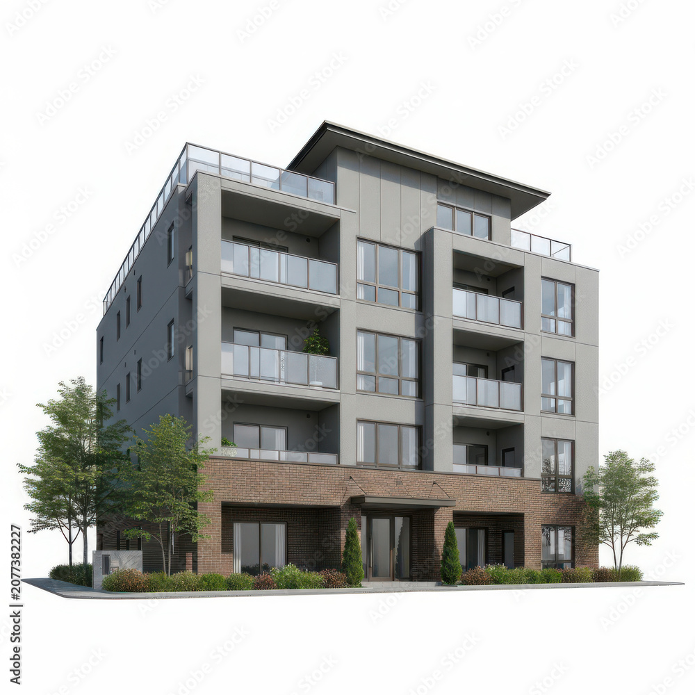 Fototapeta premium A modern four story multi family residential building featuring grey concrete and brick facade elements
