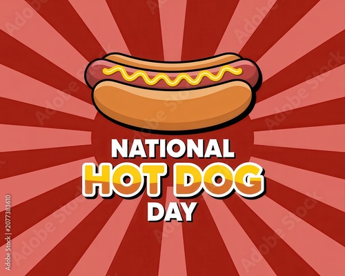 National Hot Dog Day celebration with a cartoon hot dog and mustard on a bun illustration on a red radial background
