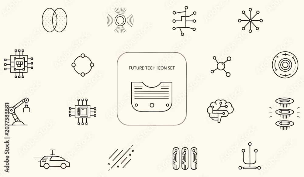 Fototapeta premium Minimalist future tech icon set featuring thin line illustrations of artificial intelligence circuits and advanced robotic concepts for modern digital design projects