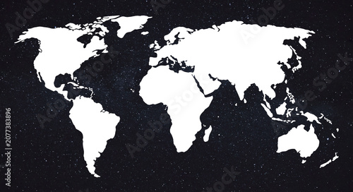 Minimalist world map silhouette, white global map on textured black background, vintage style earth cartography for travel and business concepts