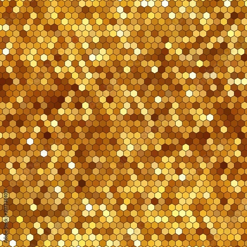 Gold hexagon mosaic pattern, metallic honeycomb texture background, glittering golden geometric grid for luxury design