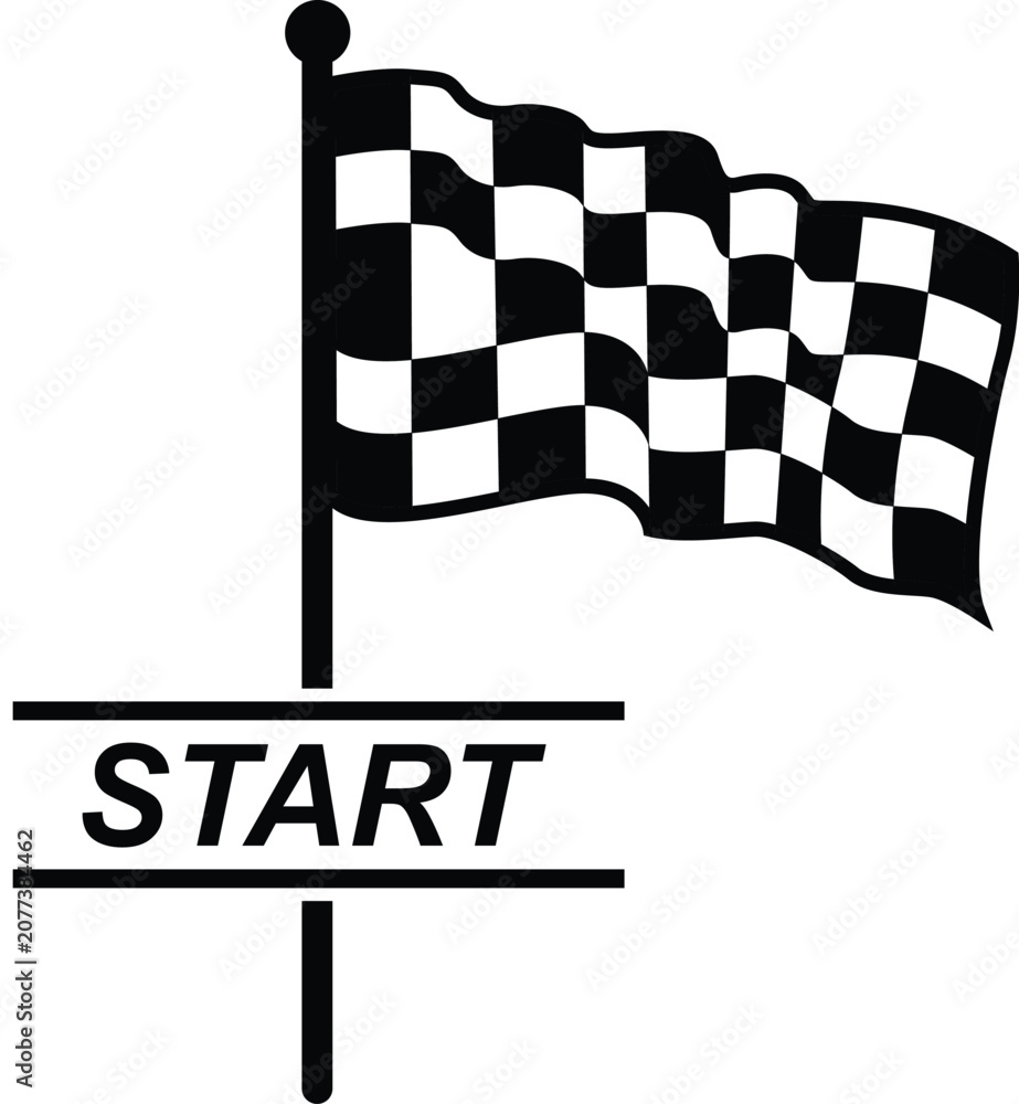 Obraz premium Single waving checkered flag on a flagpole with bold start text graphic design for race track countdown and motorsport starting grid position