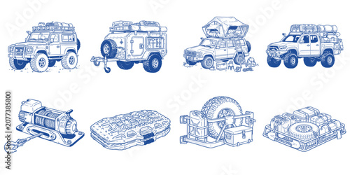 Off Road Overlanding Graphic Elements Collection with Adventure Vehicles Camping Trailer Recovery Gear and Expedition Equipment