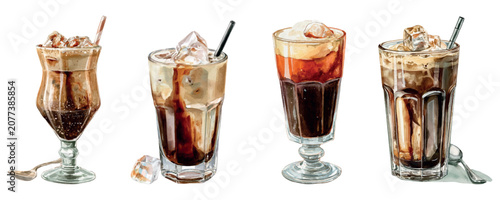Photography Artist's watercolor paintings showcasing four distinctive cold coffee beverages