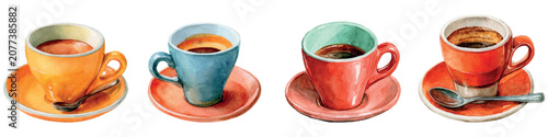 Photos Collection of colorful watercolor coffee cups, each with a matching saucer and w