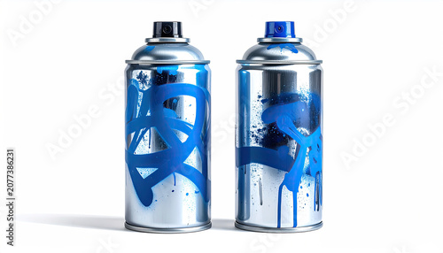 Two spray paint cans with graffiti art on metallic surfaces