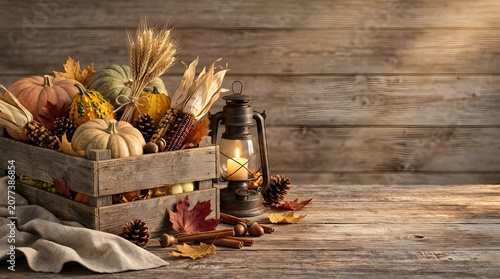 Autumn Harvest Still Life with Pumpkins and Gourds on Wooden Crate in Warm Light