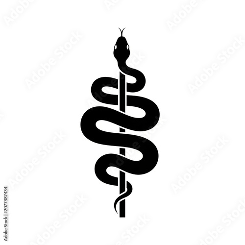Black Silhouette Serpent Coiled Around Rod of Asclepius Medical Staff, Large Bold Snake Wrapped on Pole Symbol, Healthcare Tattoo Vector Illustration Art