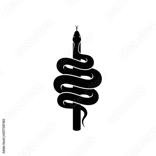 Black Silhouette of Serpent Coiled Around Sword Staff, Mystical Snake with Dagger Symbol, Gothic Tattoo Art Design, Ancient Mythology Vector Illustration