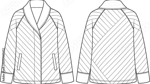Schilderij op canvas Technical flat sketch of tailored jacket with shawl collar, chevron seam details