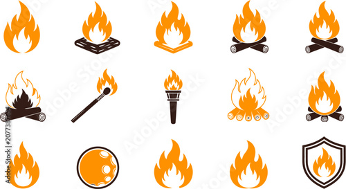 Tableau sur toile Various fire symbols and icons are displayed on a white background
