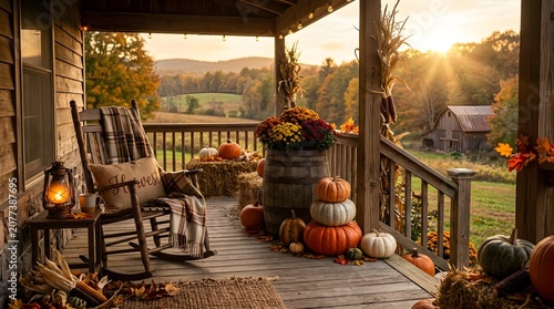 Cozy Autumn Porch with Rocking Chair and Harvest Decorations at Sunset
