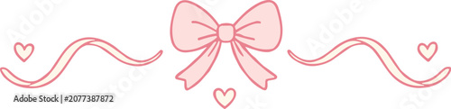 Cute pink bow with decorative swirls and hearts for design elements