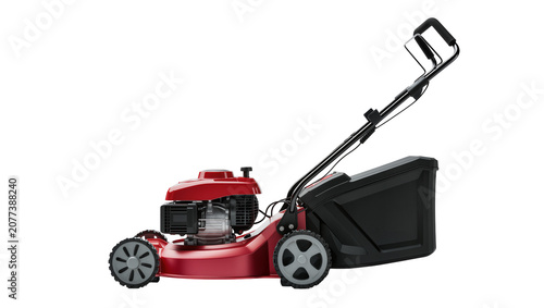 Tableau sur toile Red rotary lawn mower with black grass catcher and silver engine