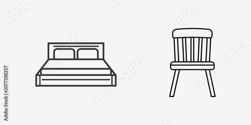 Minimalist bed and wooden chair icon set Vector