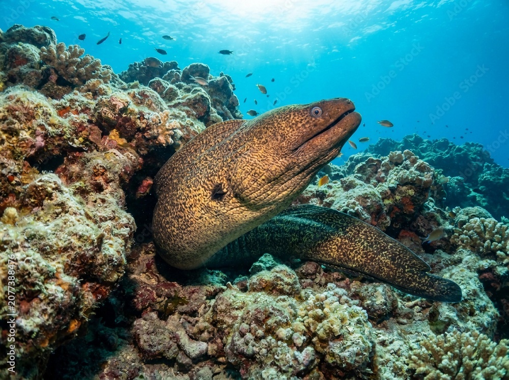 Fototapeta premium Giant Moray Eel Emerging From a Tropical Coral Reef