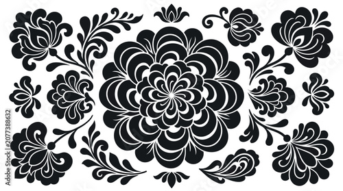 Black floral pattern with flowers and leaves