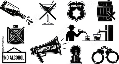 Obraz na plátně Police enforce prohibition with megaphone near liquor bottles and jail