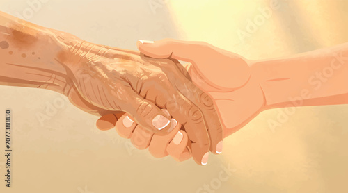 Tableau sur toile Generational Handshake Symbolizing Support, Care, and Connection Between Old and