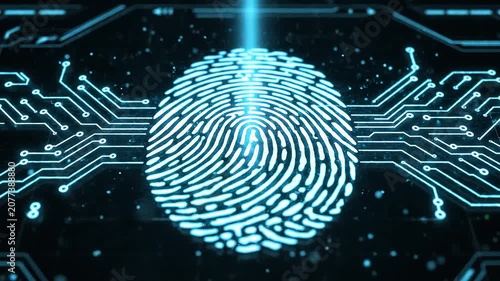 Digital fingerprint scanning process on glowing futuristic interface