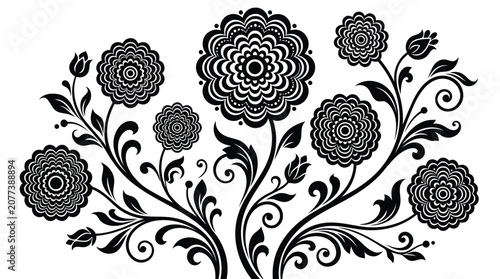 Black floral vector illustration with flowers