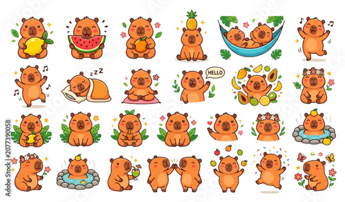 Tableau sur toile Cute capybara character set with fruits and relaxation elements vector illustrat