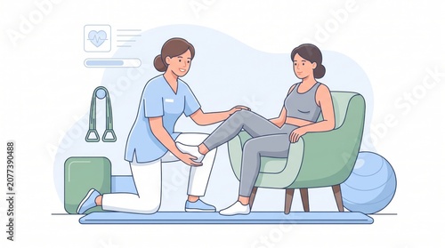 Physical therapist assisting patient with leg exercise in modern rehab clinic setting as friendly medical specialist guides woman through therapeutic movement recovery program.
