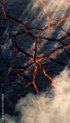 Cracked ground surface with glowing orange lava fissures and rising smoke from volcanic heat
