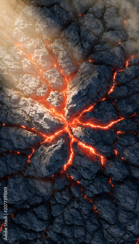 glowing hot magma flowing through cracks in dark volcanic rock formation with light beams