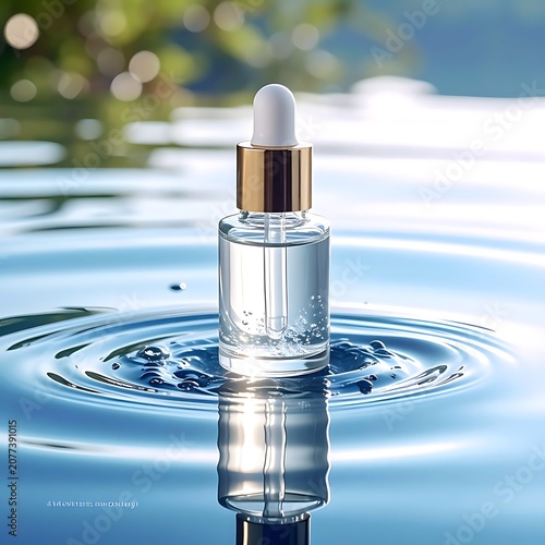 A clear dropper bottle floats on rippling water's surface (3)