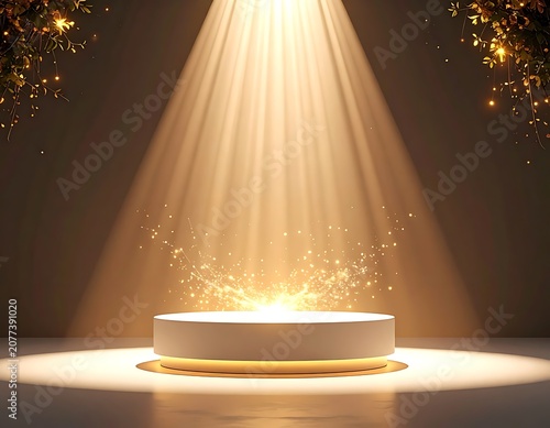 A brightly lit, empty, round stage with a spotlight