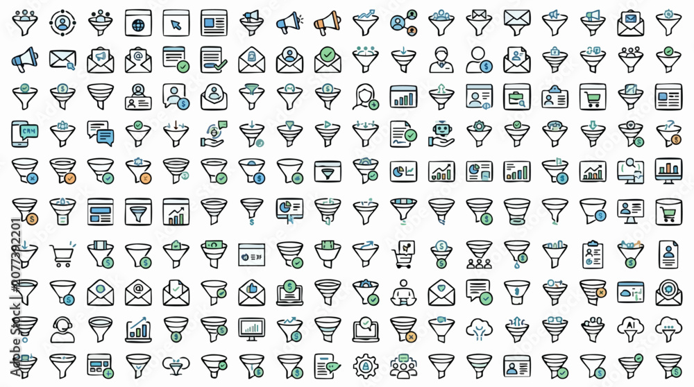 Fototapeta premium Sales funnel icons set, marketing conversion and lead generation symbols, business strategy vector collection for digital analytics and e-commerce