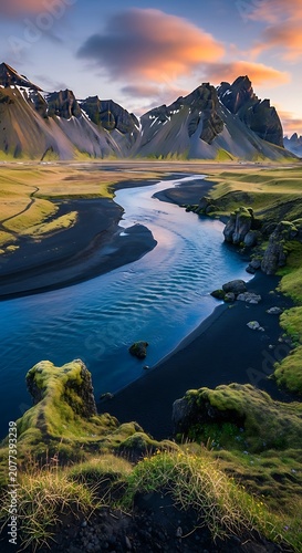 Serene mountain river valley at sunrise with wildflowers.