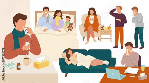 Fotografie Illustrations of people suffering from cold and flu symptoms at home
