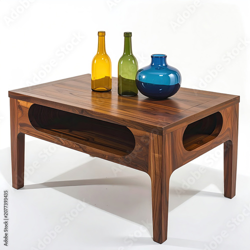 Modern Wooden Coffee Table with Colorful Glass Vases Display