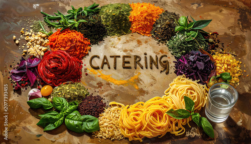 Catering Ingredients and Spices Arranged for Cooking Preparation