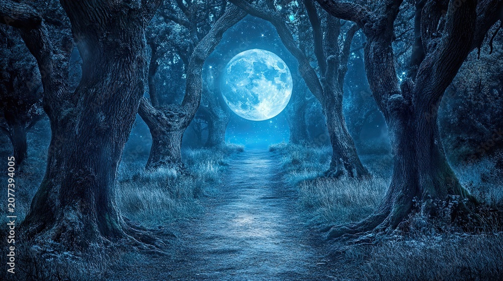 Naklejka premium Enchanted moonlit forest path mystical night nature scene
