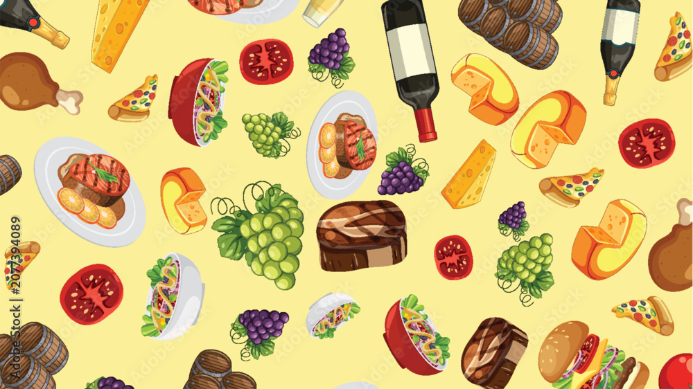 Fototapeta premium Seamless Vector Pattern of Italian Food and Wine Elements